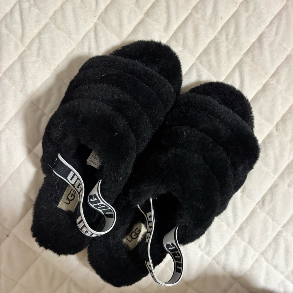 UGG Black Fluffy Slippers